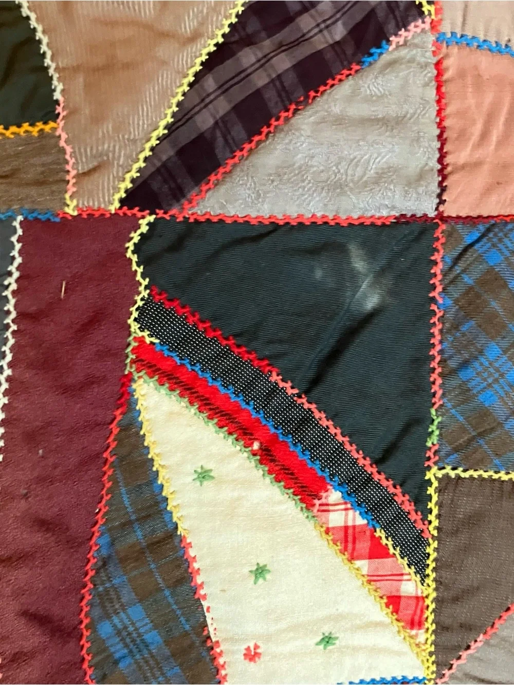 VTG Hand Pieced Embroidered Scrap Crazy 76 x 80 Quilt Farmhouse Primitive